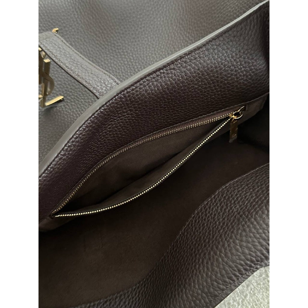 YSL Large Bea Shopper Bag Grained Leather in Dark Brown