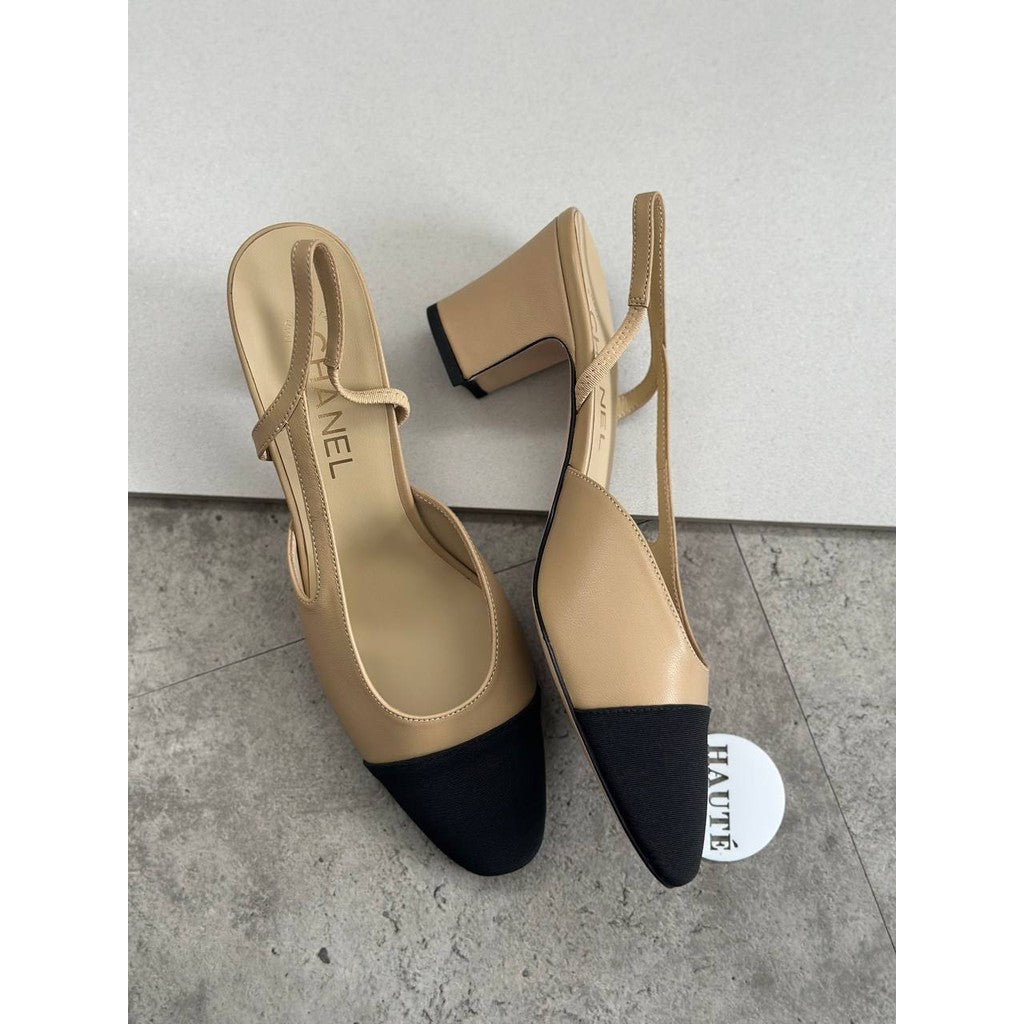 Chanel Classic Slingback Pump Leather Beige Black | Ready Stock