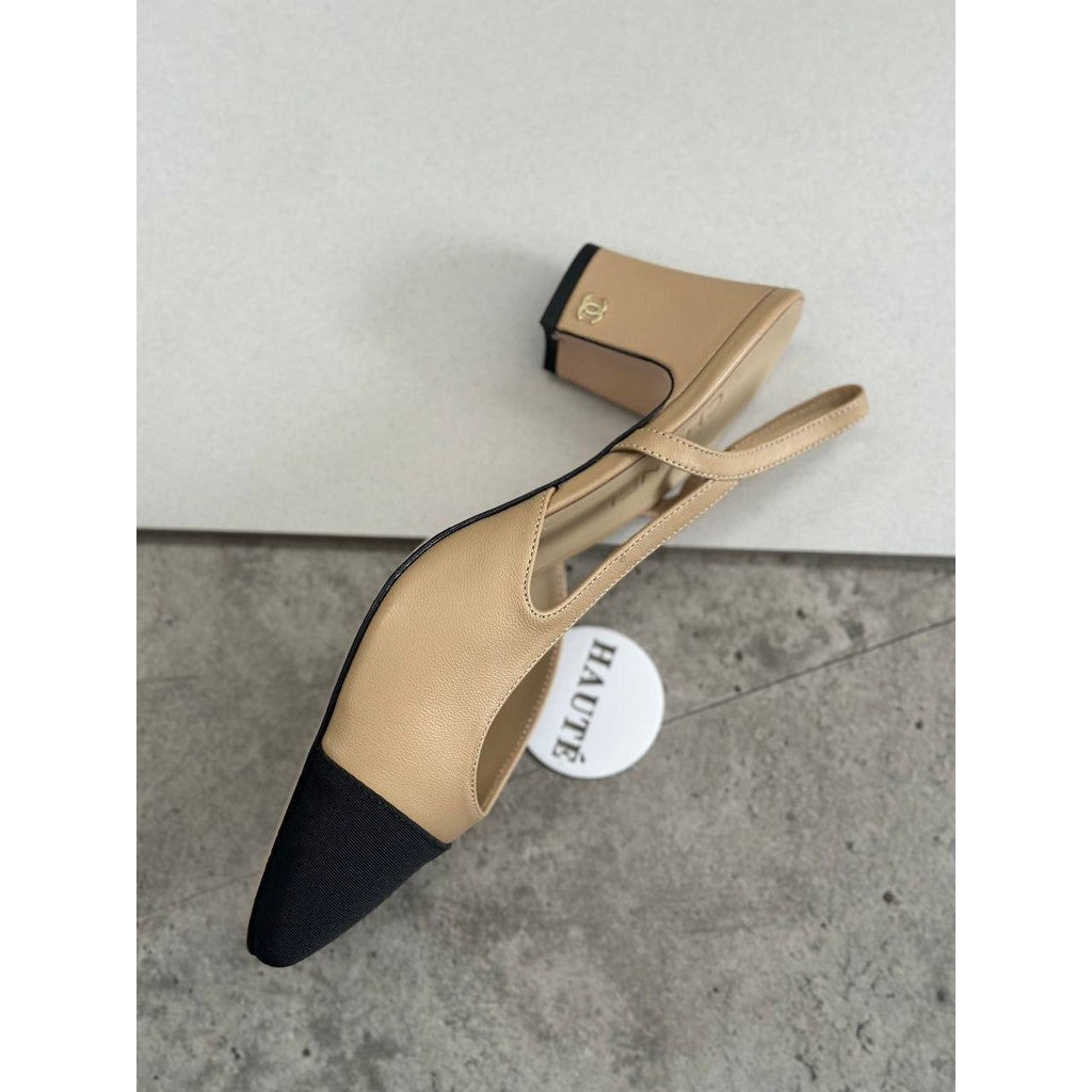 Chanel Classic Slingback Pump Leather Beige Black | Ready Stock