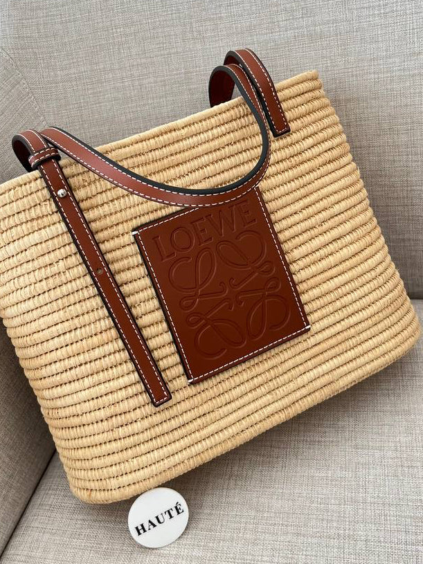 Loewe Square Basket Bag in Raffia & Calfskin
