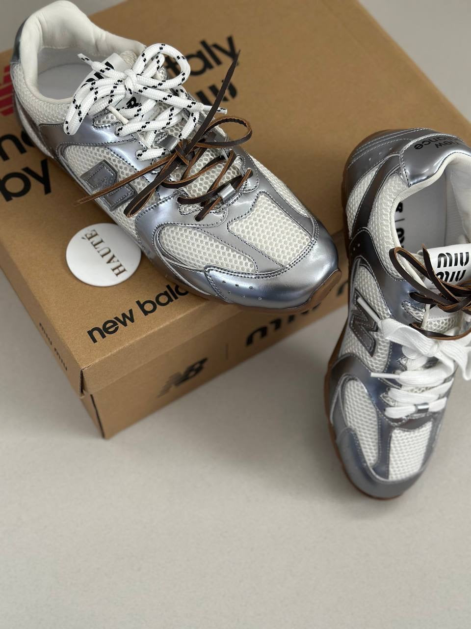 Miu Miu x NB Suede Sneakers Ecru Cinnamon White Ready Stock