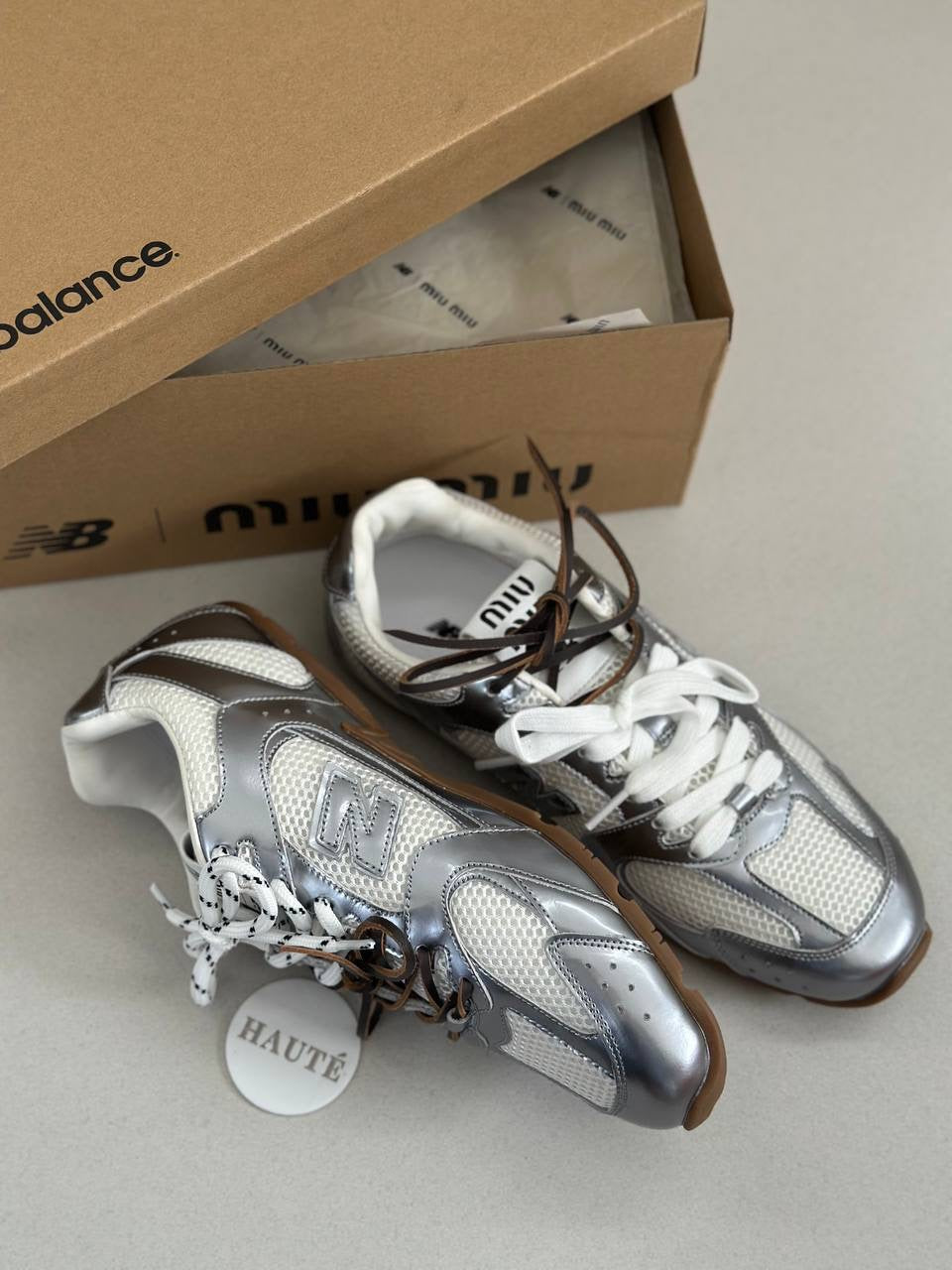 Miu Miu x NB Suede Sneakers Ecru Cinnamon White Ready Stock