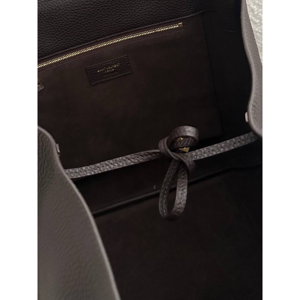 YSL Large Bea Shopper Bag Grained Leather in Dark Brown