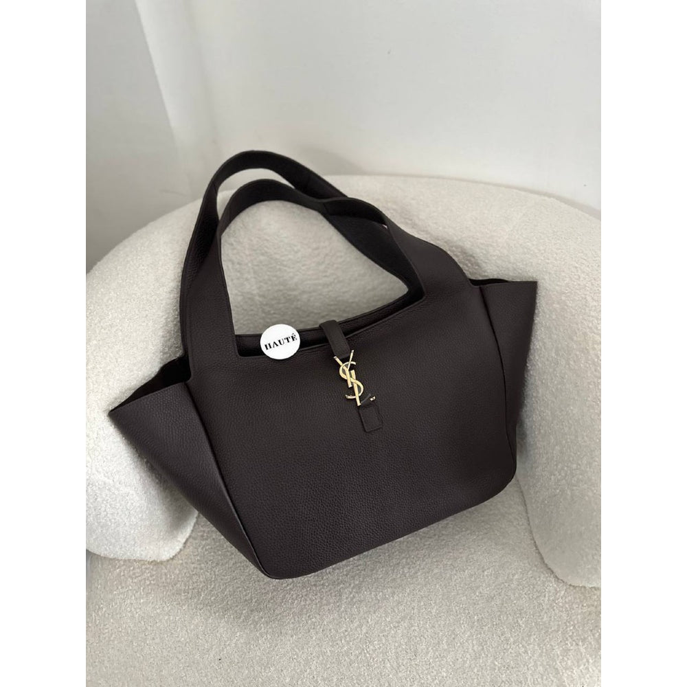 YSL Large Bea Shopper Bag Grained Leather in Dark Brown