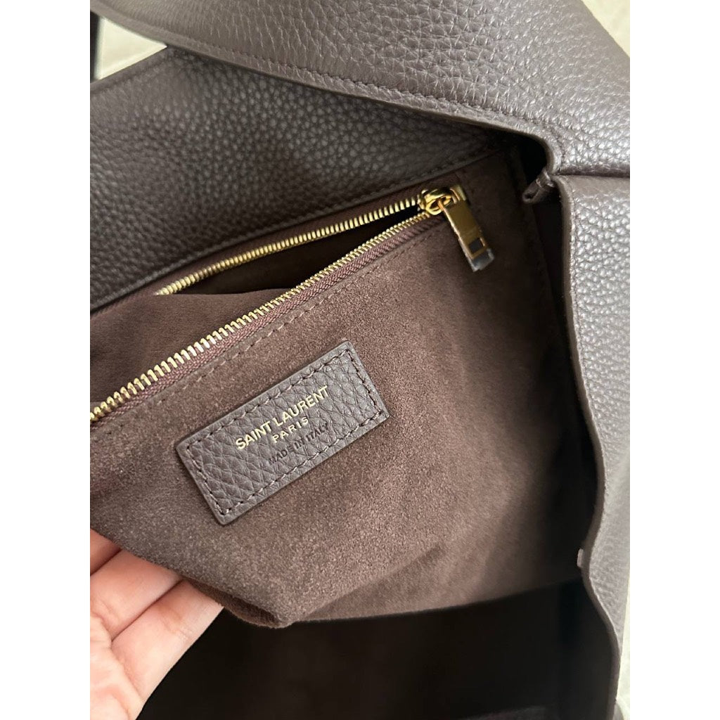 YSL Large Bea Shopper Bag Grained Leather in Dark Brown