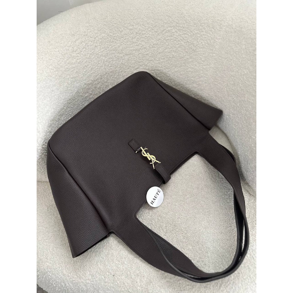 YSL Large Bea Shopper Bag Grained Leather in Dark Brown