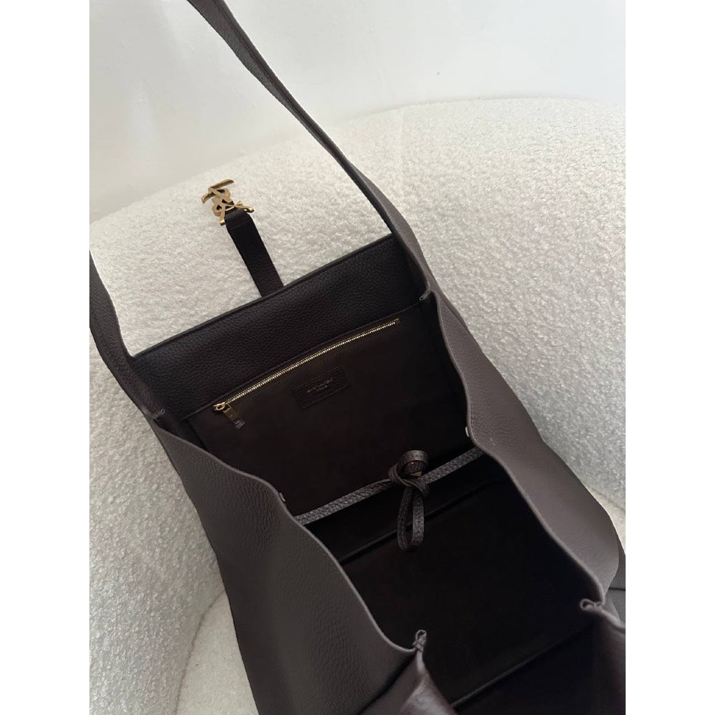 YSL Large Bea Shopper Bag Grained Leather in Dark Brown