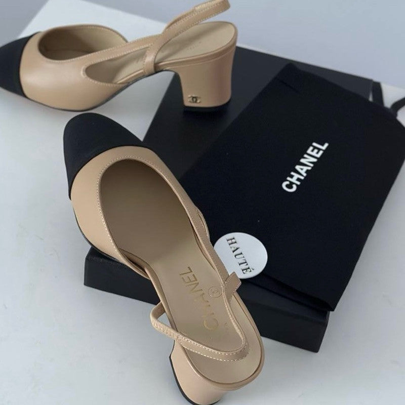 Chanel Classic Slingback Pump Leather Beige Black | Ready Stock